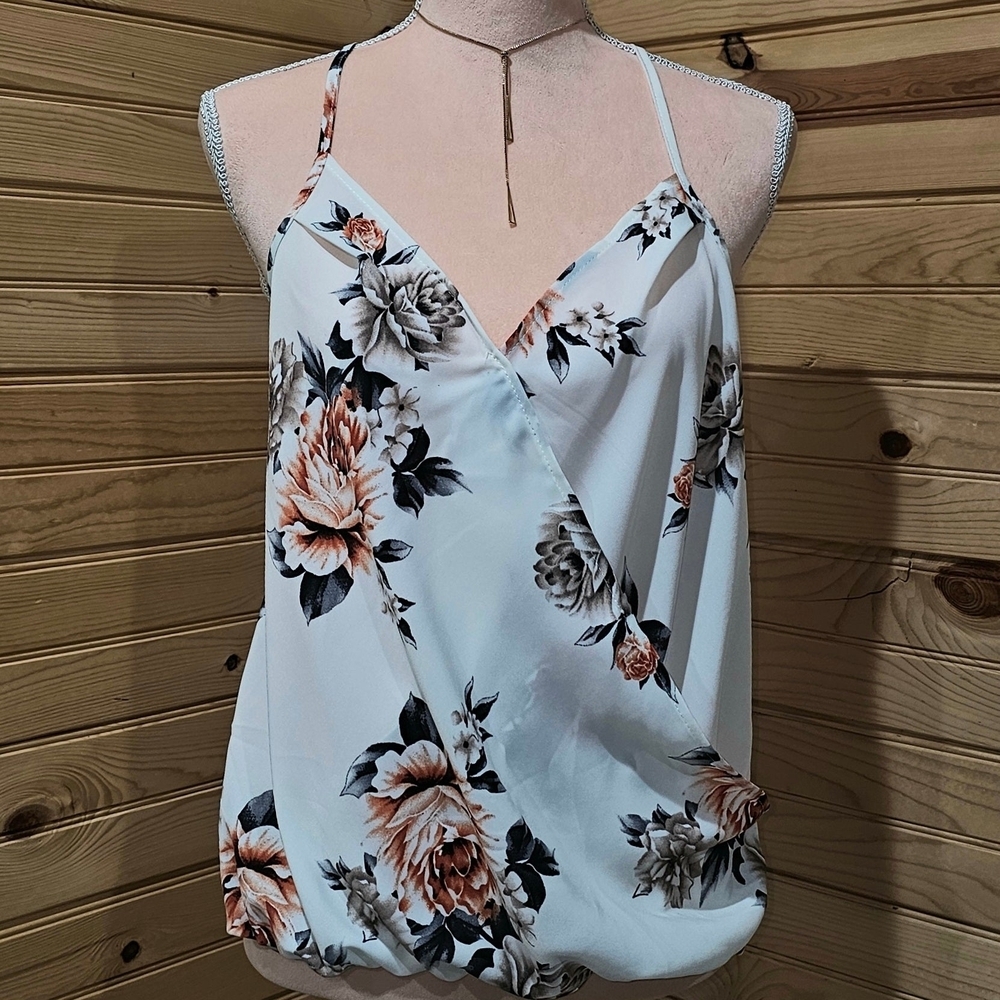Floral Surplice Spaghetti Strap Tank Top Blouse
